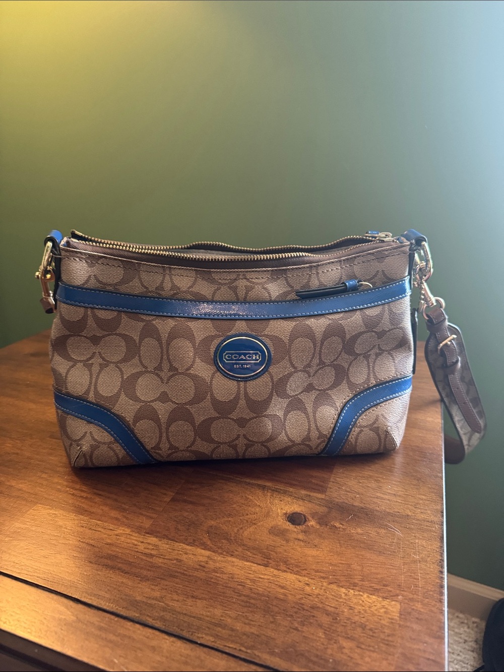 Coach Brown Signature Canvas Wristlet with Blue Trim